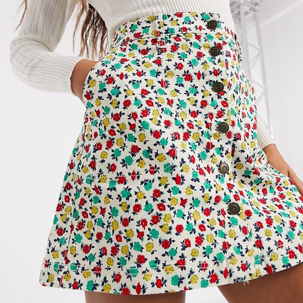 JCREW bright floral button denim mini skirt
